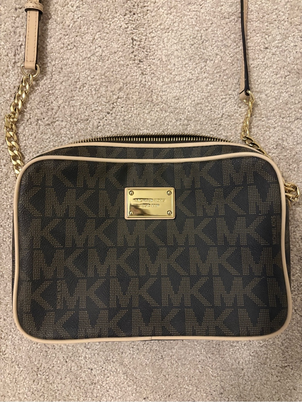 Michael Kors Brown/Beige MK Logo Crossbody with Gold Hardware